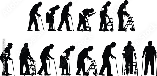 Mobility aid silhouettes of elderly and disabled people using walkers, canes, crutches—rehabilitation, aging, disability support vector set