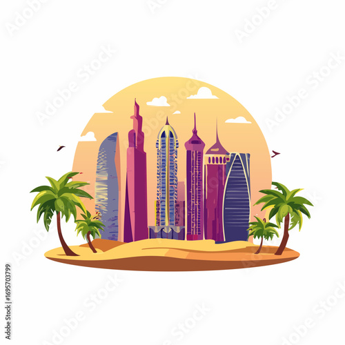 Vector illustration of the Dubai city skyline with modern skyscrapers and palm trees at sunset.