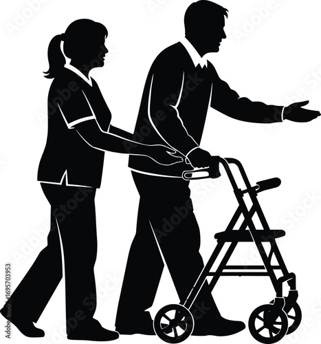 Silhouette of caregiver assisting elderly person with wheeled walker—mobility aid, aging support, rehabilitation, compassion, health care vector
