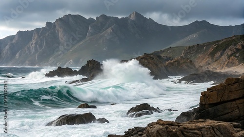 Dramatic ocean waves crashing against rocky mountains. AI GENERATED.
