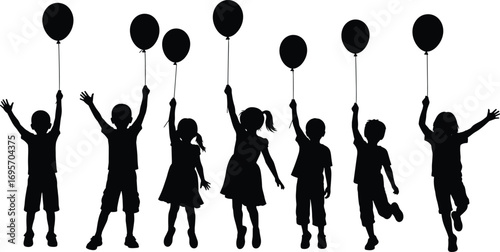 Silhouette of Children Holding Balloons in Celebration, Joyful Playtime, Festive Mood, Black Vector Art for Childhood and Event Themes