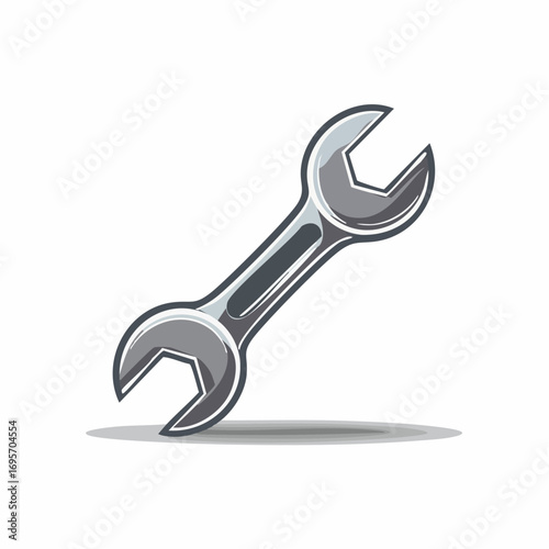 Shiny chrome wrench illustration isolated on a white background. A classic spanner tool icon representing repair, maintenance, and industrial service