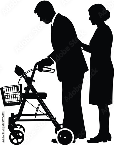 Silhouette of elderly person using rollator walker with caregiver support—mobility aid, aging assistance, rehabilitation, compassion, health care vector