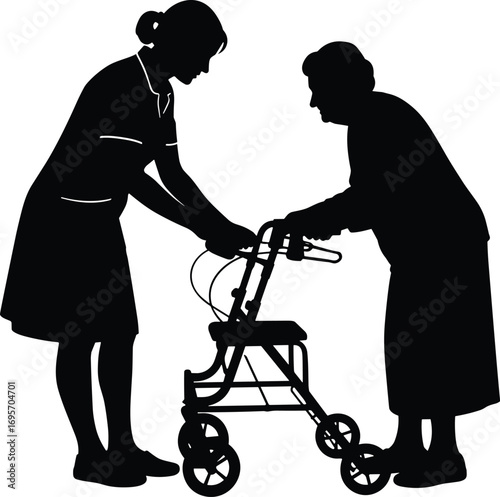 Silhouette of elderly person using walker with caregiver support—mobility aid, aging assistance, rehabilitation, compassion, health care vector illustration