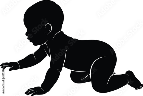 Silhouette of Crawling Baby in Profile View, Infant Movement Pose, Early Childhood Development, Black Vector Art for Educational Use