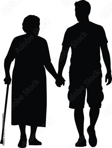 Silhouette of Elderly Woman with Cane and Young Boy Walking Together, Generational Bond, Family Support, Caring Relationship, Black Vector Art