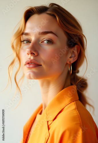 Elegant woman in orange blouse with glowing skin and soft hair, looking confidently chic and stylish