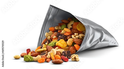 Trail Mix Overflowing From Metallic Pouch on White Background