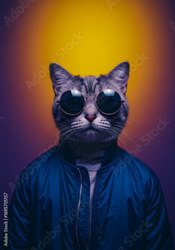 Cool Cat in Sunglasses and Jacket Retro Style Portrait
