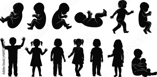 Silhouette Sequence of Human Development from Fetus to Child, Growth Stages, Motor Skills, Early Childhood, Black Vector Illustration