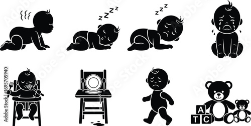 Silhouette Set of Baby Emotions and Activities, Crying, Sleeping, Eating, Playing, Crawling, Black Vector Icons for Parenting Themes