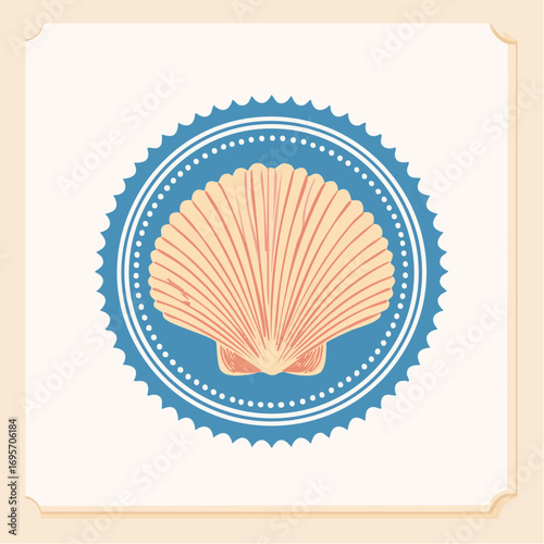 Vintage marine stamp with hand drawn seashells. Minimalist vintage marine prints. Summer coastal design elements