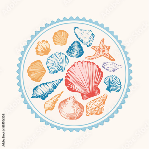 Vintage marine stamp with hand drawn seashells. Minimalist vintage marine prints. Summer coastal design elements
