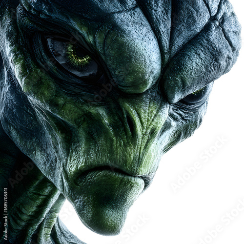 Scary green alien white isolated background image, clear detail and natural light, simple clean look simple style clean look soft tone calm mood minimal style natural light clear focus high detail mod