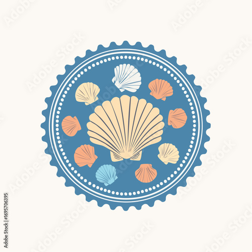 Vintage marine stamp with hand drawn seashells. Minimalist vintage marine prints. Summer coastal design elements