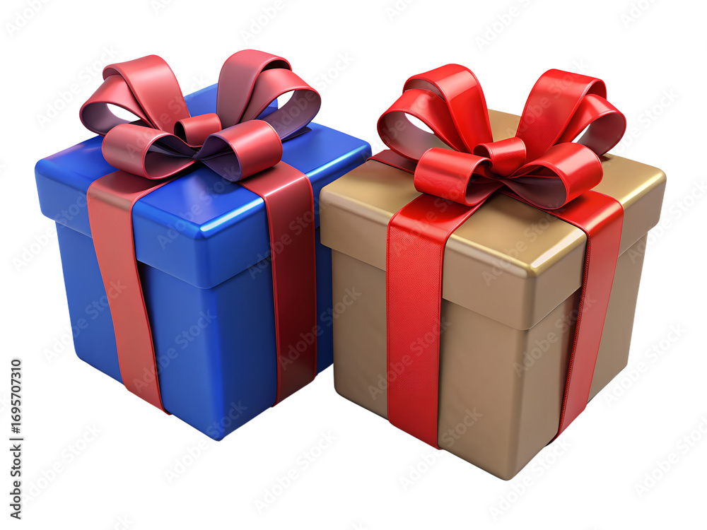 Obraz premium 3d illustration of two gift boxes, one blue and one gold, tied with red ribbon and bows, isolated on transparent background