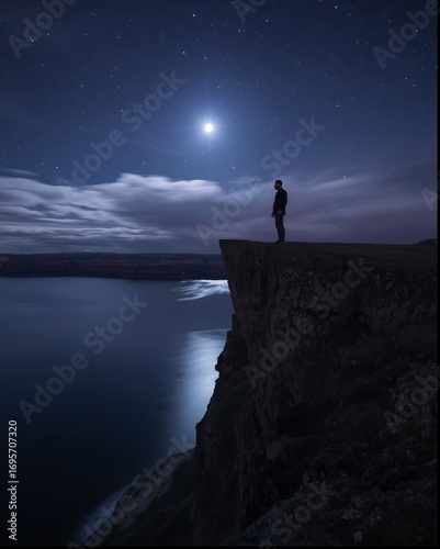A solitary figure stands on a cliff edge under a starry night sky, gazing at the bright moon illuminating the landscape below, with a winding river reflecting the moonlight.