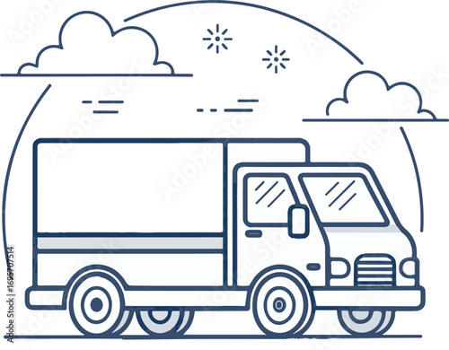 Delivery Truck Line Icon with Clouds and Stars