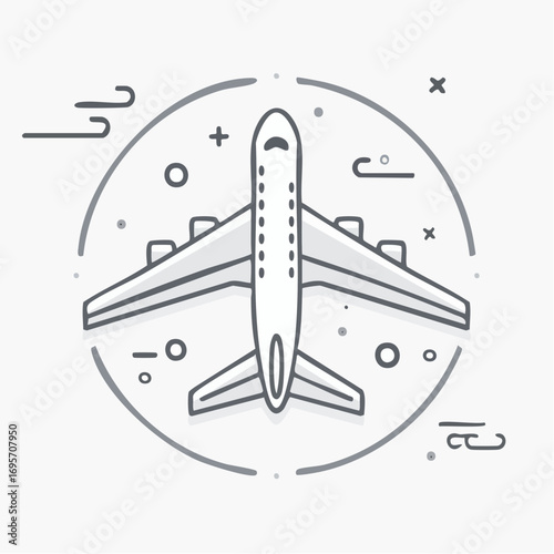 Minimalist line art illustration of a commercial airplane. A top-down view vector icon symbolizing air travel, global tourism, and transportation