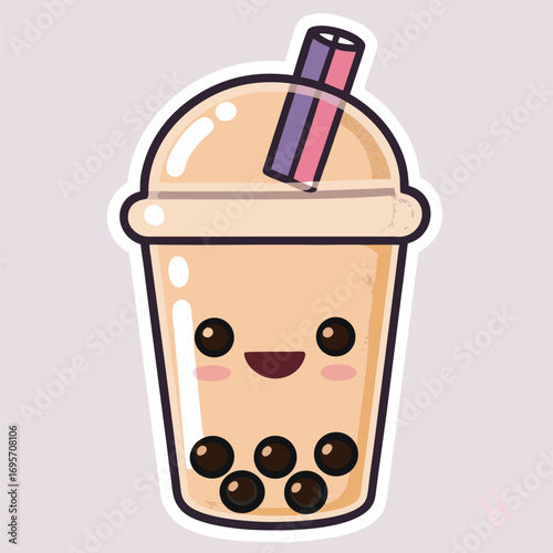 Kawaii boba tea drink with happy face and straw bubble tea