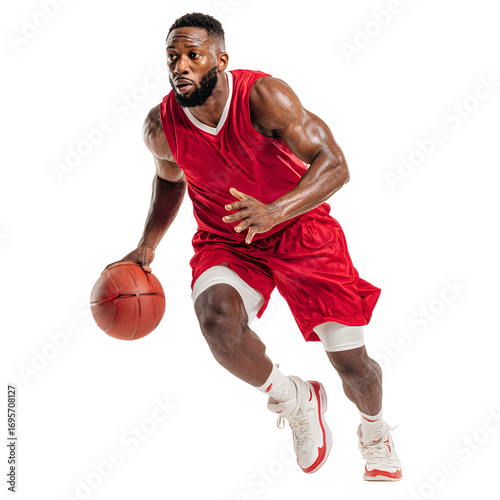 Side view of pro basketball player dribbling a ball while running in red jersey white isolated background image, clear detail and natural light, simple clean look simple style clean look soft tone cal