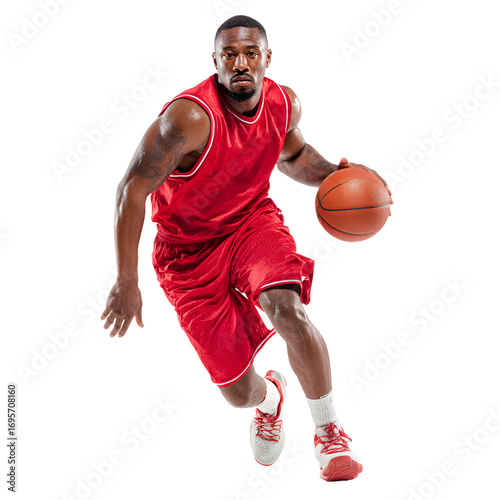 Side view of pro basketball player dribbling a ball while running in red jersey white isolated background image, clear detail and natural light, simple clean look simple style clean look soft tone cal