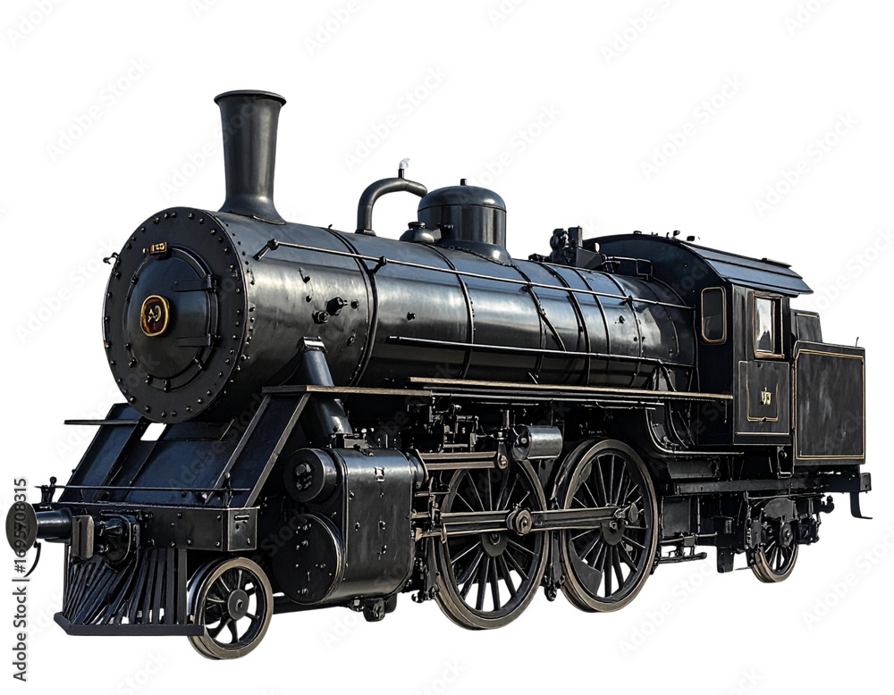 Fototapeta premium Classic Black Steam Locomotive Side View, Detailed Wheels, Isolated on Transparent Background