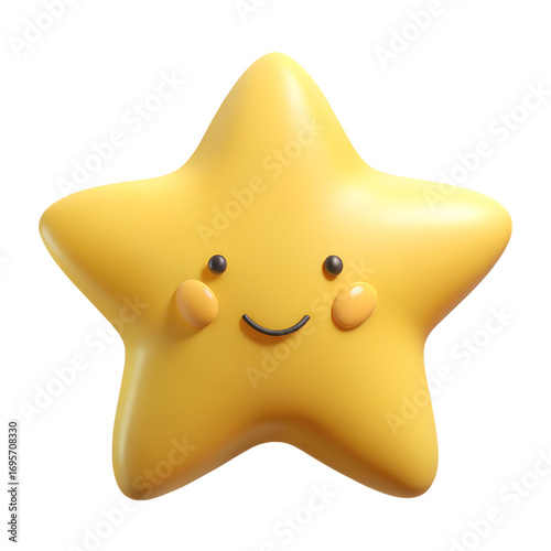 3d illustration of a cute, happy yellow star with a smiling face, isolated on transparent background