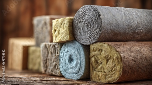 Arrangement of Colorful Mineral Wool for Thermal Insulation on Wooden Surface