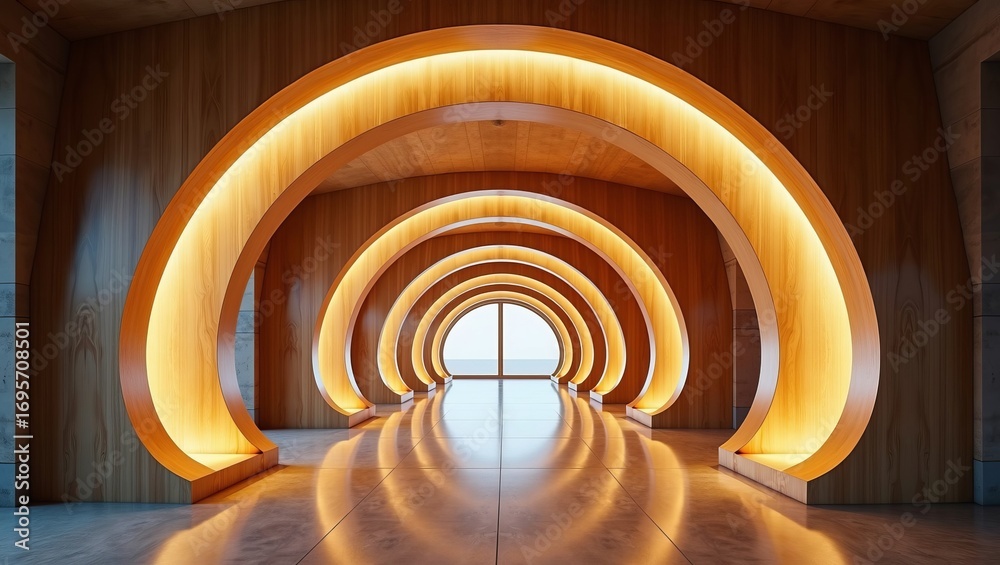 Obraz premium Futuristic innovation and creative architecture concept with illuminated wooden arches in a modern interior hallway design