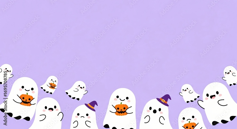 Fototapeta premium Adorable Halloween Ghost Illustration Cute Spooky Cartoon Ghosts with Pumpkins on Lavender