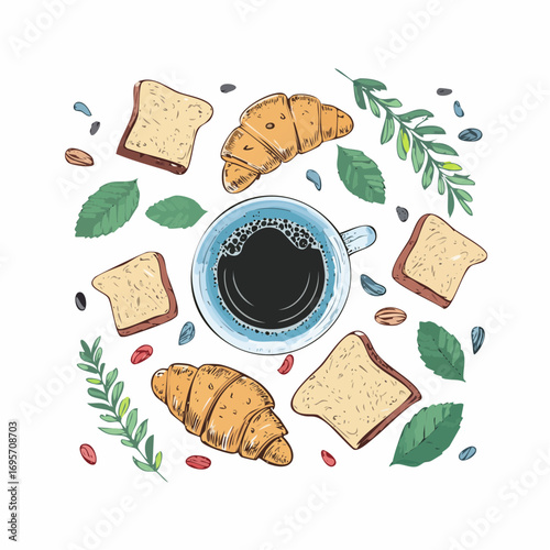 Hand drawn breakfast chalk vector illustrations. Coffee, croissant, cheese and bread drawings for invitations, menus and parties.