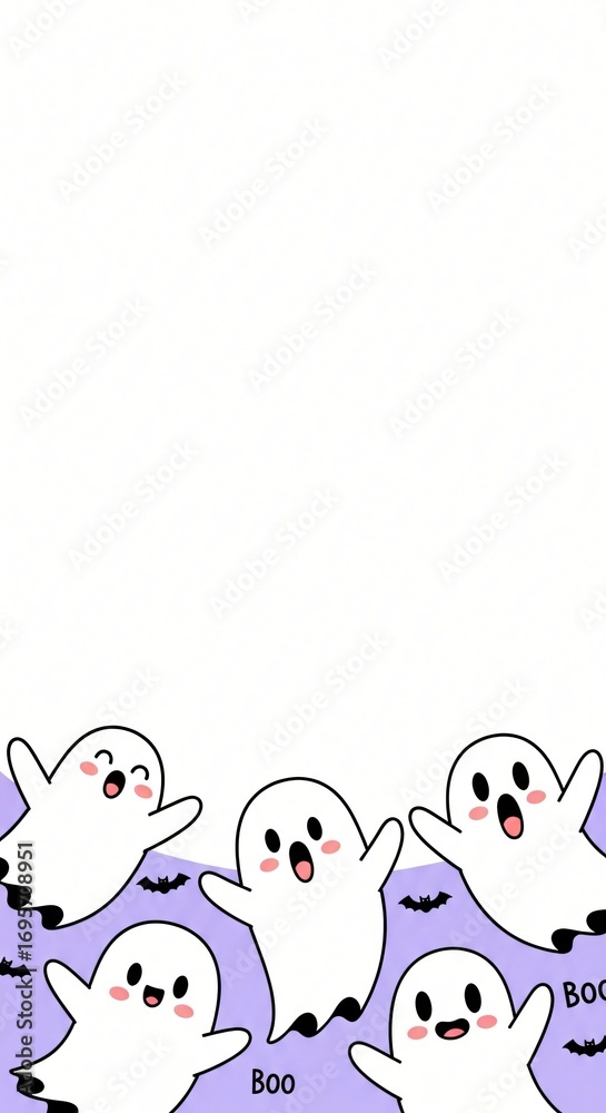 Fototapeta premium Adorable Cartoon Ghosts Halloween Illustration Cute Spooky App Design Festive Background