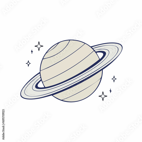 Hand-drawn Saturn planet with celestial rings and sparkling stars. Minimalist astronomical doodle for science and cosmic design