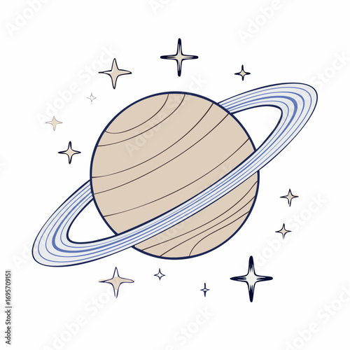 Cosmic wonder concept with a beautifully illustrated ringed planet and shining stars. A serene celestial drawing for space and astrology themes