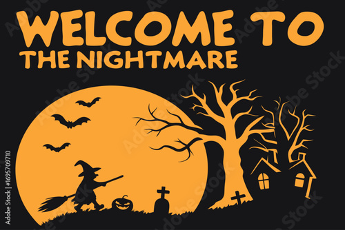 Spooky Halloween Scene Silhouette of a Witch, Haunted House, and Spooky Elements Under a Crescent Moon, Ready to Haunt the Night