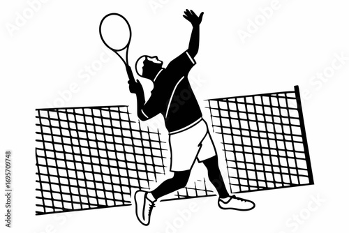 Dynamic graphic showing a tennis player executing a powerful overhead serve, embodying athletic agility and the spirit of active pursuit in competitive sports
