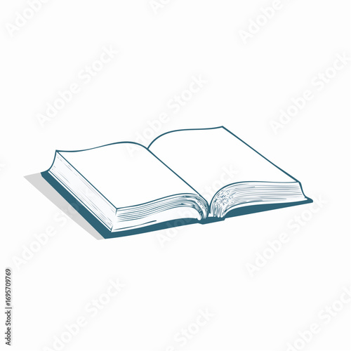 Vector sketch of an open hardcover book with blank pages, representing knowledge, education, and an unwritten story