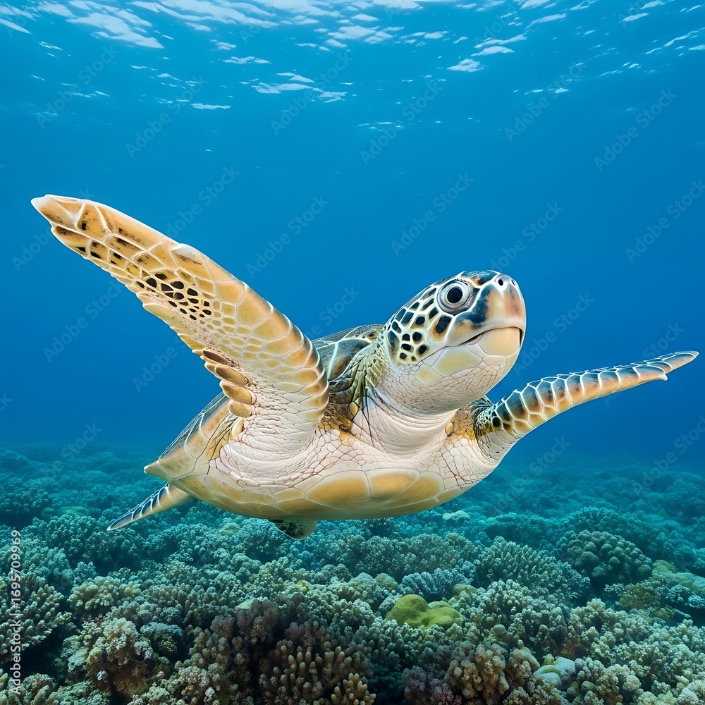 Fototapeta premium Sea Turtle Swimming in Coral Reef.