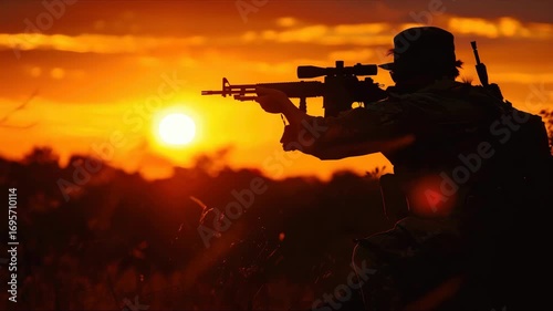 Silhouette of a sniper with at sunset