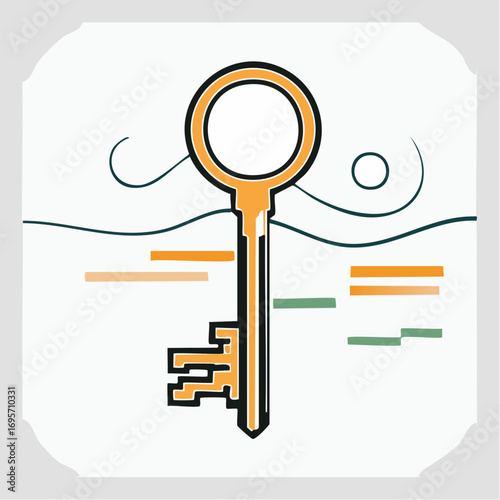 Elegant golden antique key isolated on a white background with abstract lines, a powerful symbol of unlocking solutions, access, and new opportunities