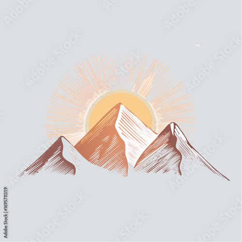 Artistic hand-drawn illustration of a mountain range with a radiant sun rising behind the peaks, evoking a sense of adventure and nature's beauty