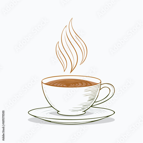 Vintage hand-drawn sketch of a steaming hot cup of coffee on a saucer, an isolated vector illustration for a cafe menu design