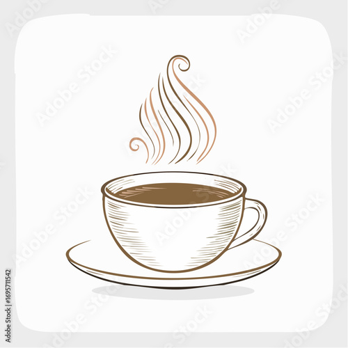 Hand-drawn sketch illustration of a hot cup of coffee or tea with elegant swirling steam on a saucer