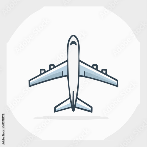 Minimalist airplane icon representing air travel and global transportation. Top-down view of a passenger jet for flight and vacation concepts