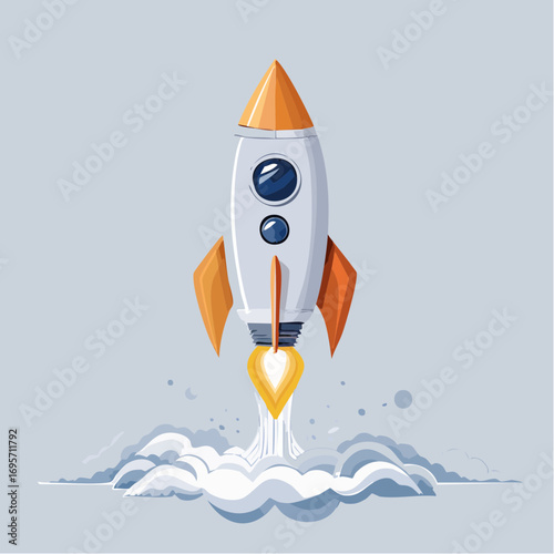 Cartoon rocket ship launching with fire and smoke, symbolizing a new business startup, innovation, and progress