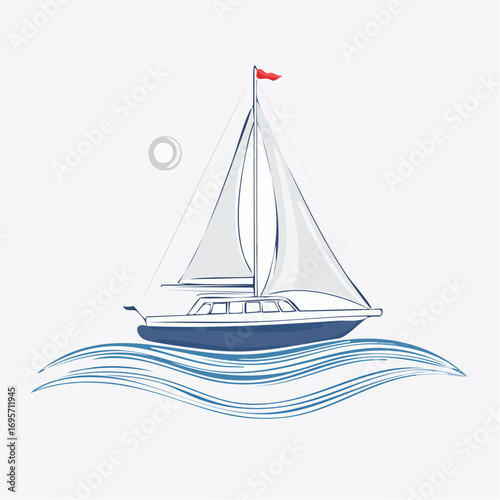 Elegant blue and white sailboat illustration gracefully gliding on ocean waves, a symbol of sea travel and summer adventure