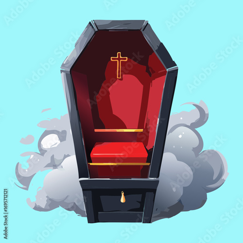 Spooky cartoon vampire coffin opening with bats, a fun and creepy Halloween illustration
