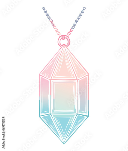 Beautiful glowing crystal necklace with a chain and light, a fantasy illustration