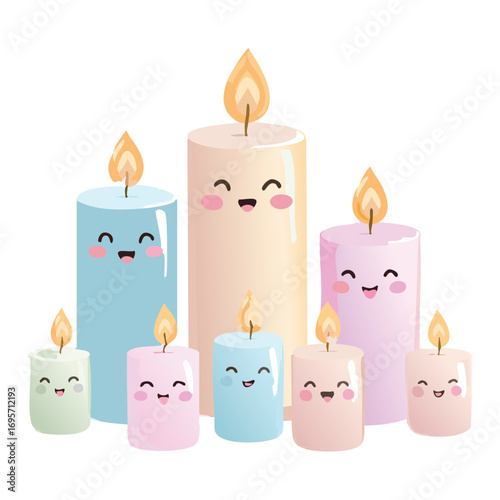 Group Of Cute Halloween Candles With Smiling Faces And Soft Glow Festive Spooky Season Decoration Whimsical Elements